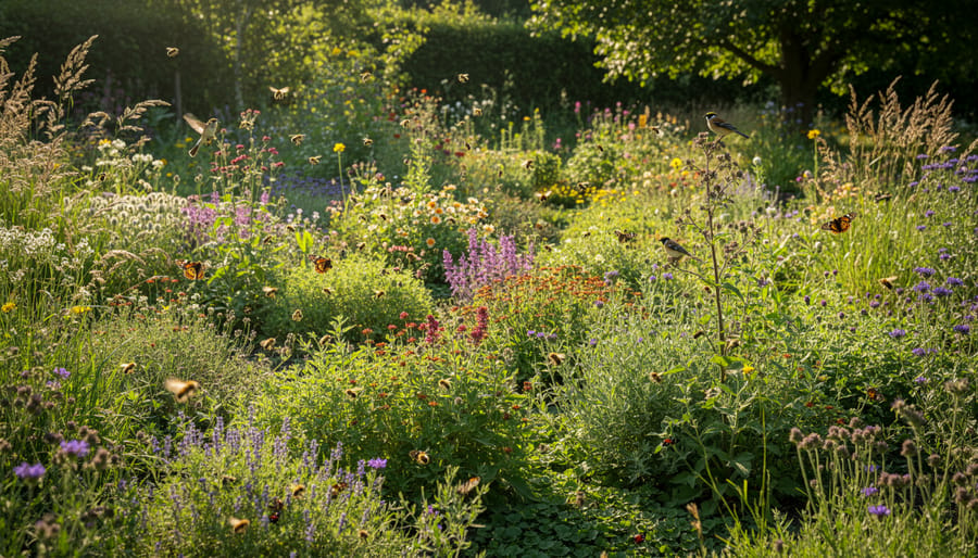 Honeybee on a blooming wildflower in a densely planted chaos garden with mixed herbs and summer flowers.