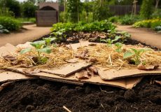 “No-till sheet-mulched garden bed with cardboard, fallen leaves, and straw layered over dark soil, with seedlings emerging.”