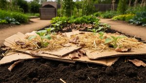 “No-till sheet-mulched garden bed with cardboard, fallen leaves, and straw layered over dark soil, with seedlings emerging.”