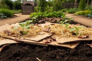 “No-till sheet-mulched garden bed with cardboard, fallen leaves, and straw layered over dark soil, with seedlings emerging.”
