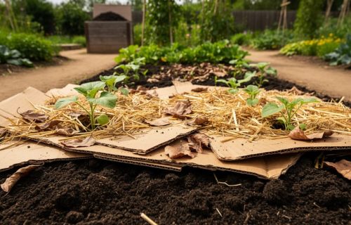 “No-till sheet-mulched garden bed with cardboard, fallen leaves, and straw layered over dark soil, with seedlings emerging.”