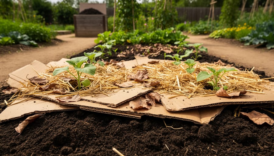 “No-till sheet-mulched garden bed with cardboard, fallen leaves, and straw layered over dark soil, with seedlings emerging.”