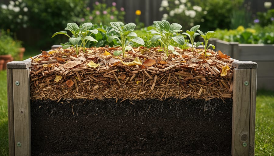 Layered organic materials such as leaves and garden clippings on a no-till garden bed surface.
