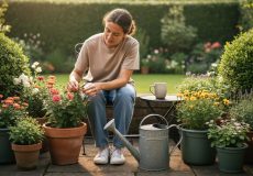 A person seated among potted plants in a backyard garden, deadheading flowers with a mug nearby under soft morning light.