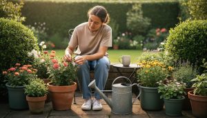 A person seated among potted plants in a backyard garden, deadheading flowers with a mug nearby under soft morning light.