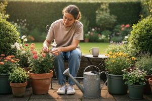 A person seated among potted plants in a backyard garden, deadheading flowers with a mug nearby under soft morning light.