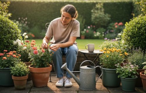 A person seated among potted plants in a backyard garden, deadheading flowers with a mug nearby under soft morning light.