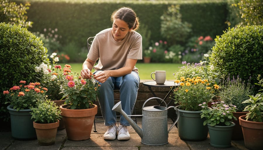 A person seated among potted plants in a backyard garden, deadheading flowers with a mug nearby under soft morning light.