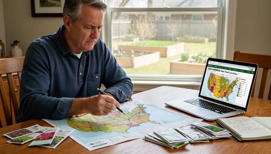 Person pointing at a color-block map sheet on a patio table near a gardening setup