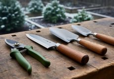 Premium gardening tools, including a Japanese hori hori knife and ergonomic pruners, arranged on a wooden workbench with evergreen greenery softly blurred in the background.