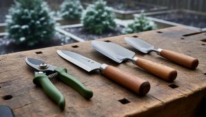 Premium gardening tools, including a Japanese hori hori knife and ergonomic pruners, arranged on a wooden workbench with evergreen greenery softly blurred in the background.