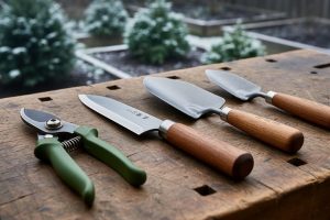 Premium gardening tools, including a Japanese hori hori knife and ergonomic pruners, arranged on a wooden workbench with evergreen greenery softly blurred in the background.