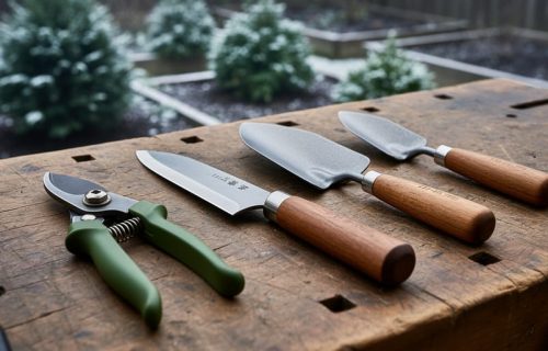 Premium gardening tools, including a Japanese hori hori knife and ergonomic pruners, arranged on a wooden workbench with evergreen greenery softly blurred in the background.