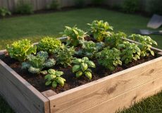 Raised garden bed with rich soil and small vegetable and herb seedlings in a wooden frame, lit by warm sunlight in a backyard setting.
