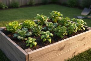 Raised garden bed with rich soil and small vegetable and herb seedlings in a wooden frame, lit by warm sunlight in a backyard setting.