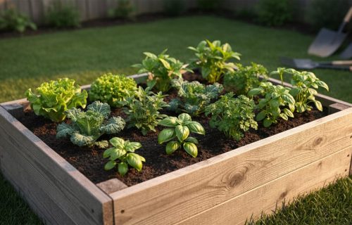 Raised garden bed with rich soil and small vegetable and herb seedlings in a wooden frame, lit by warm sunlight in a backyard setting.