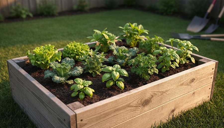 Raised garden bed with rich soil and small vegetable and herb seedlings in a wooden frame, lit by warm sunlight in a backyard setting.