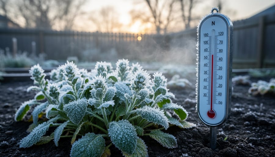 Thermometer near a garden fence with frost forming on leaves