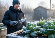 Gardener in a frosty garden holding a plant label and trowel, illustrating choosing plants based on winter hardiness.