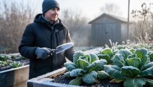 Gardener in a frosty garden holding a plant label and trowel, illustrating choosing plants based on winter hardiness.