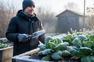 Gardener in a frosty garden holding a plant label and trowel, illustrating choosing plants based on winter hardiness.