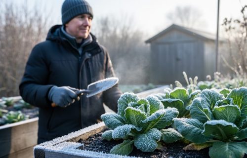 Gardener in a frosty garden holding a plant label and trowel, illustrating choosing plants based on winter hardiness.