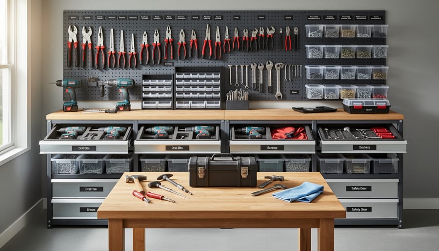 Wall-mounted garden tool rack with neatly hung hand tools and gloves in a shed