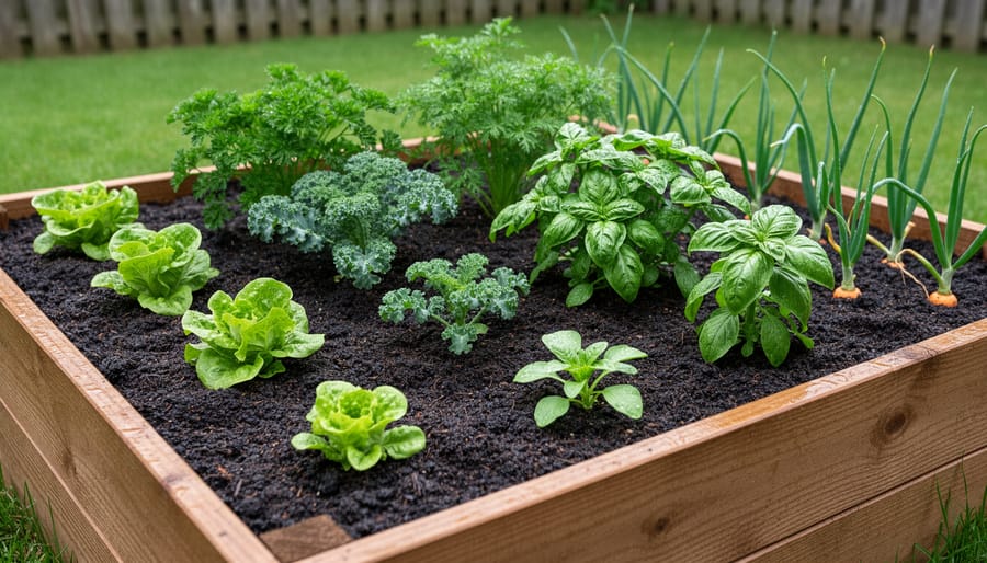 Wooden raised garden bed with dark soil and healthy vegetable seedlings growing in neat rows.