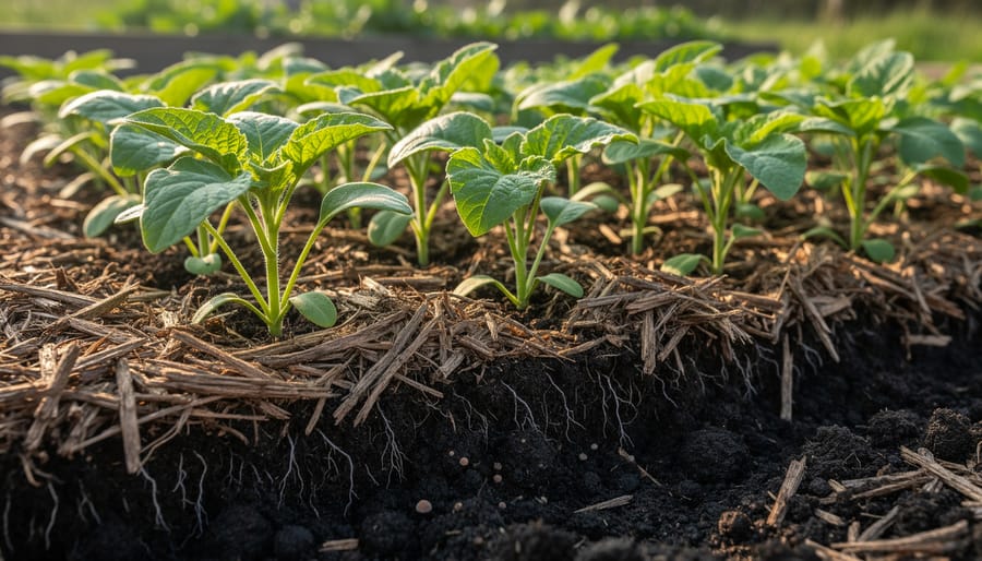 Young seedlings growing in a no-till garden bed with natural mulch around them.