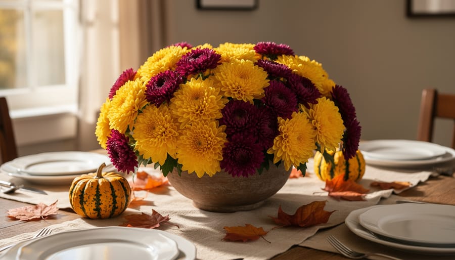 Classic fall centerpiece with orange and rust chrysanthemums and purple asters in a ceramic vase on a wooden table