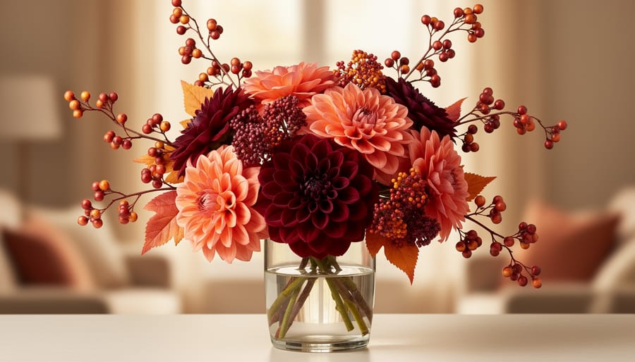 Burgundy and coral dahlias with bittersweet or rose-hip berry branches in a slender vase