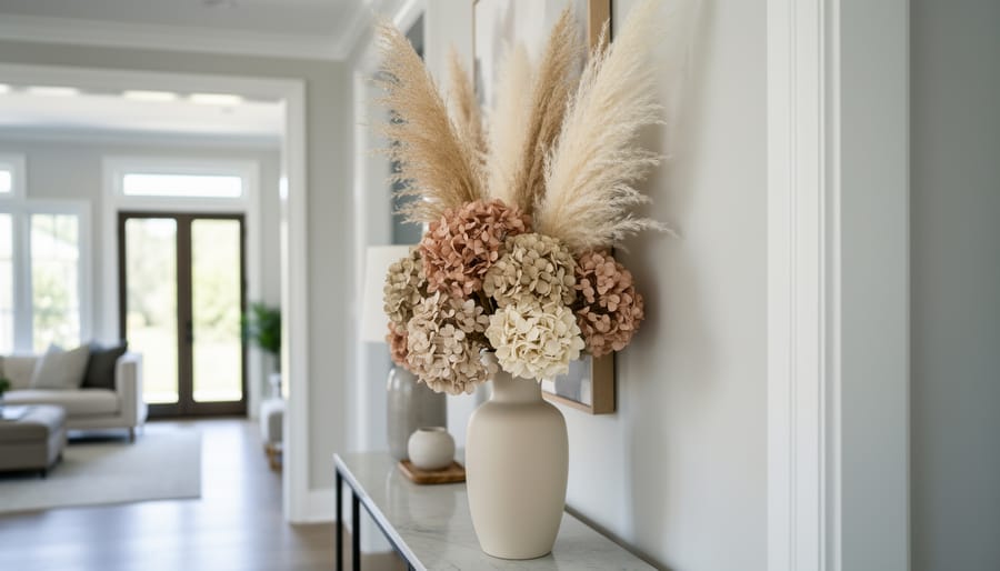 Dried hydrangea and pampas grass statement arrangement in a vase on an entryway console