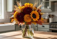 Fall flower arrangement in a glass vase with burgundy dahlias, golden chrysanthemums, sunflowers, wheat seed heads, and autumn foliage on a wooden kitchen table.