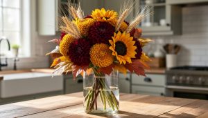 Fall flower arrangement in a glass vase with burgundy dahlias, golden chrysanthemums, sunflowers, wheat seed heads, and autumn foliage on a wooden kitchen table.