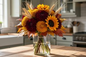 Fall flower arrangement in a glass vase with burgundy dahlias, golden chrysanthemums, sunflowers, wheat seed heads, and autumn foliage on a wooden kitchen table.