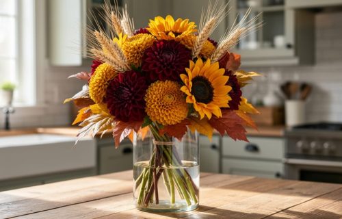 Fall flower arrangement in a glass vase with burgundy dahlias, golden chrysanthemums, sunflowers, wheat seed heads, and autumn foliage on a wooden kitchen table.