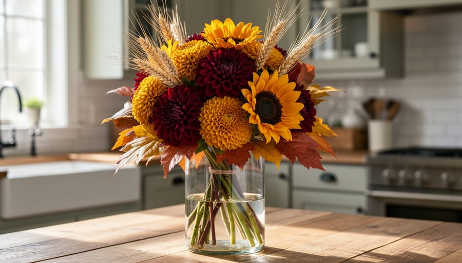 Fall flower arrangement in a glass vase with burgundy dahlias, golden chrysanthemums, sunflowers, wheat seed heads, and autumn foliage on a wooden kitchen table.