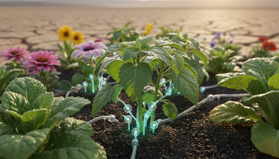 Backyard garden plants recovering with mulch under warm golden hour sunlight