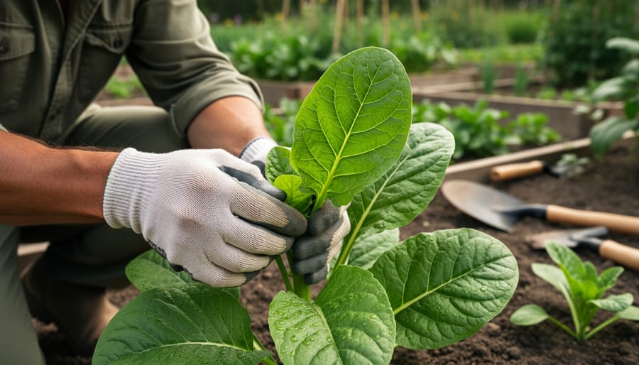 Gardener’s hands holding and inspecting fresh green basil leaves above soil