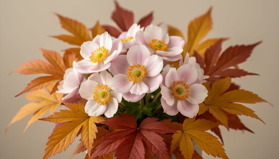 Japanese anemone flowers surrounded by colorful autumn leaves in a minimal ceramic container