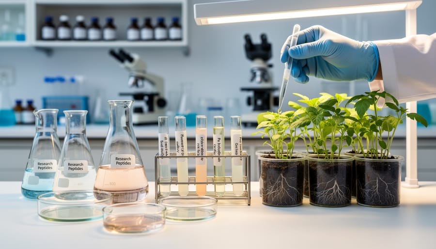 Research lab vials and pipettes beside potted seedlings on a bench