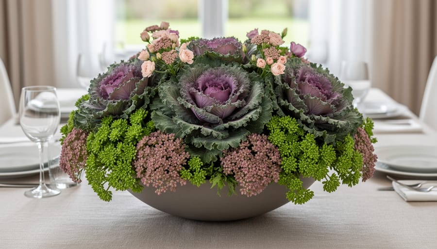 Low arrangement of ornamental kale and sedum in a shallow ceramic bowl