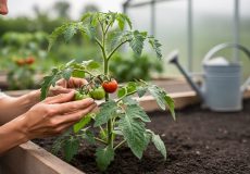 A gardener examining healthy tomato leaves in raised backyard garden beds under soft natural light.