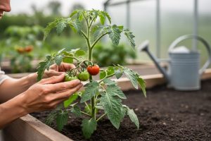 A gardener examining healthy tomato leaves in raised backyard garden beds under soft natural light.