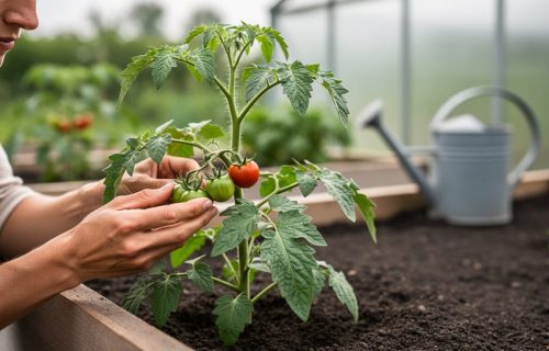 A gardener examining healthy tomato leaves in raised backyard garden beds under soft natural light.