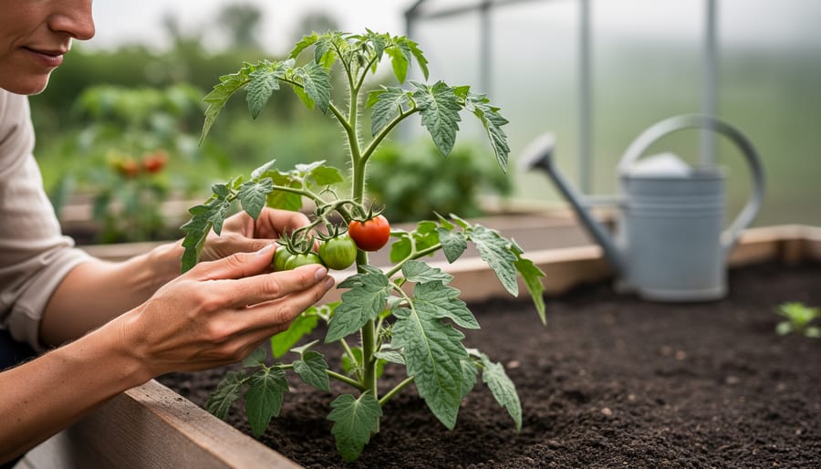 A gardener examining healthy tomato leaves in raised backyard garden beds under soft natural light.