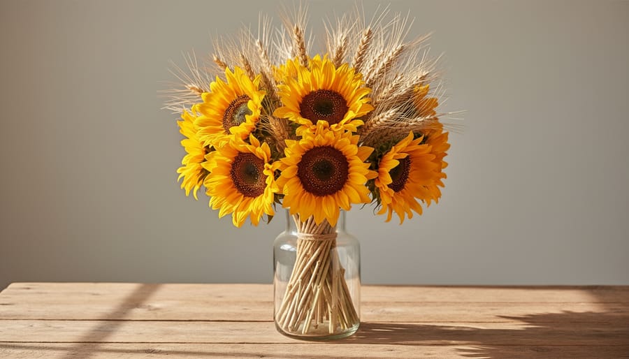 Sunflower and wheat bundle in an old galvanized bucket with twine, styled in an autumn porch setting