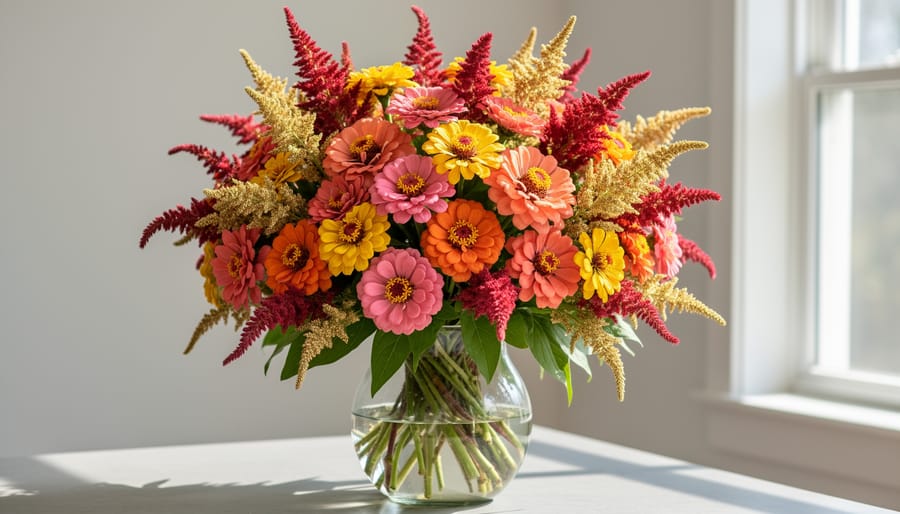 Colorful arrangement of zinnias and celosia plumes in a vase with a blurred autumn garden background