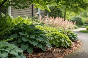 Hostas, ferns, and coral bells growing in a mulched shade garden with soft dappled sunlight from overhead maple branches.