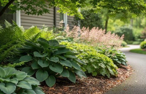 Hostas, ferns, and coral bells growing in a mulched shade garden with soft dappled sunlight from overhead maple branches.